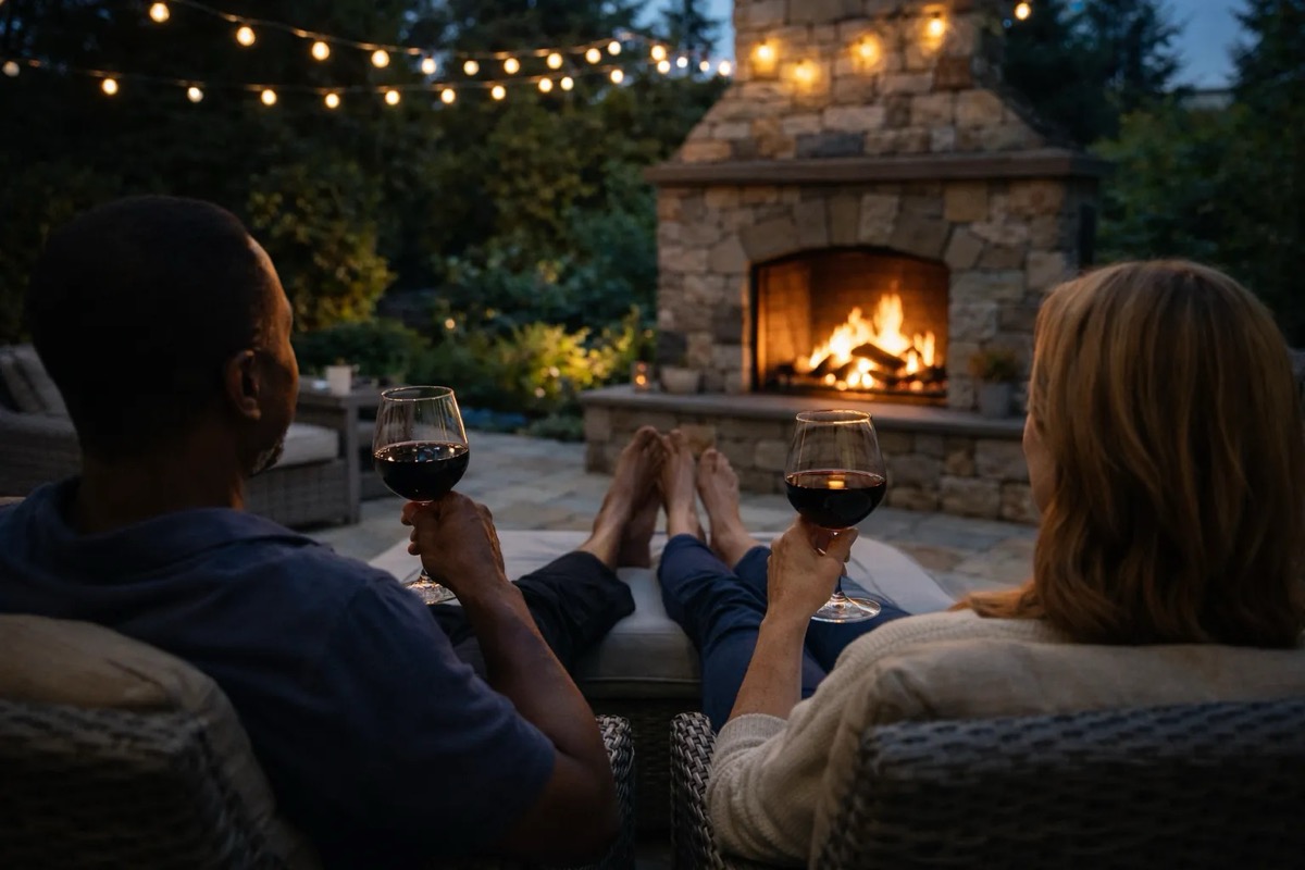 Friends enjoying an outdoor patio with a fire feature in the evening