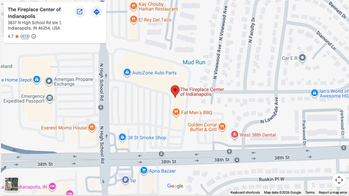 Map showing The Fireplace Center of Indianapolis at 3837 N High School Rd Suite 1