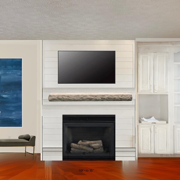Inspiration—homeowner-supplied AI render of shiplap surround with stone mantel beam, dimensions noted