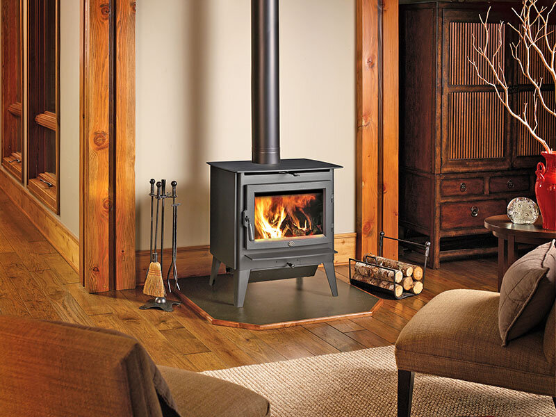 Lopi Evergreen wood stove installed in a living room